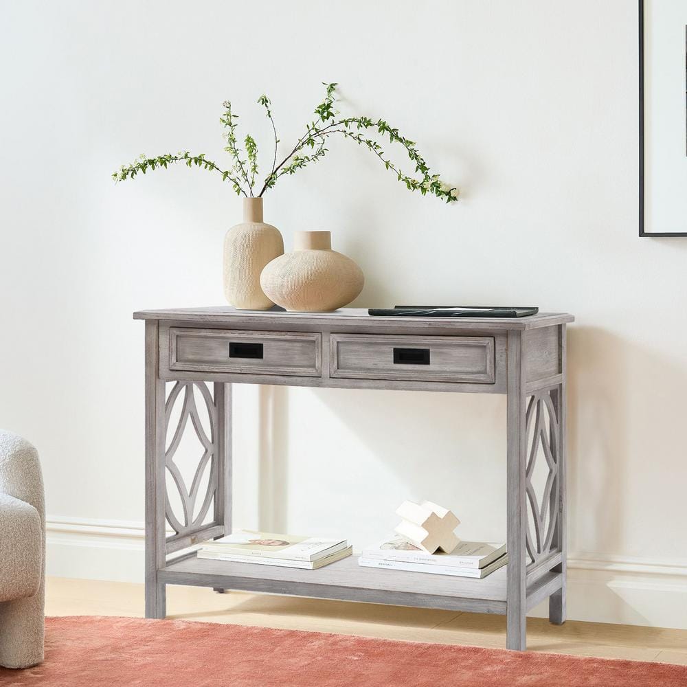 Gray Wood Console Table with Storage and Shelf