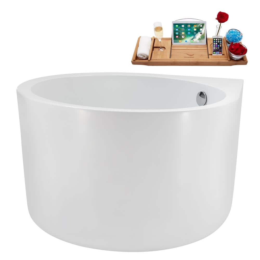 47" Glossy White Acrylic Freestanding Soaking Bathtub with Polished Chrome Drain and Bamboo Tray