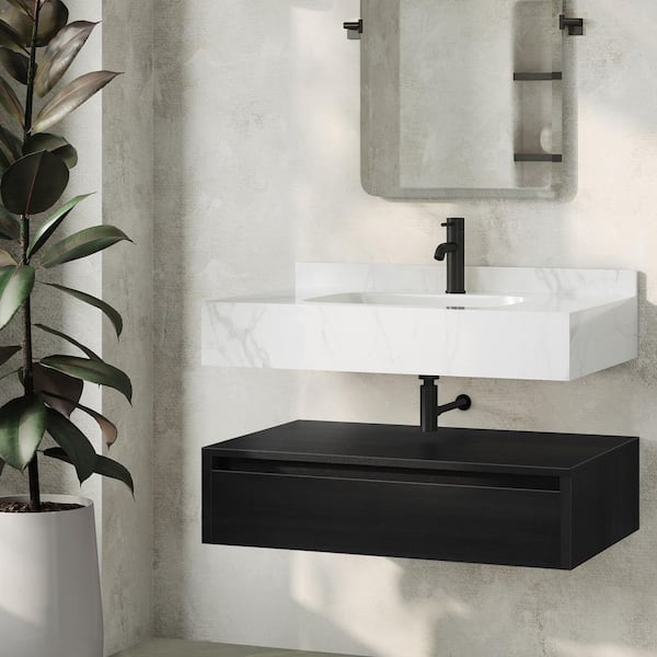 Swiss Madison Avancer 36 in. Wall-Mounted Bathroom Vanity in Black Oak with Ceramic White Marble Sink Top