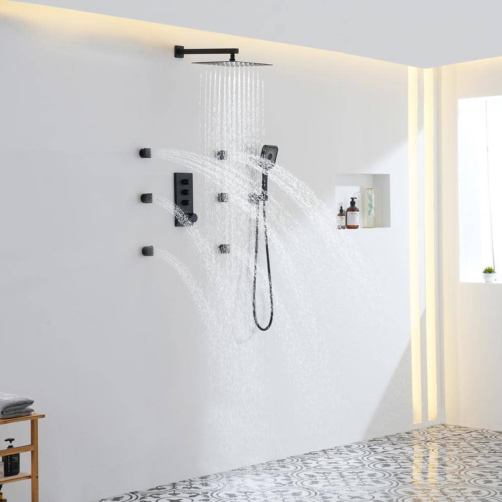 Matte Black 12-Inch Wall Mount Shower System with 6 Body Jets