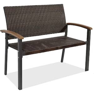 2-Person Patio Stackable Garden Bench All-Weather PE Wicker Loveseat with Acacia Wood Armrests Outdoor Bench, Brown