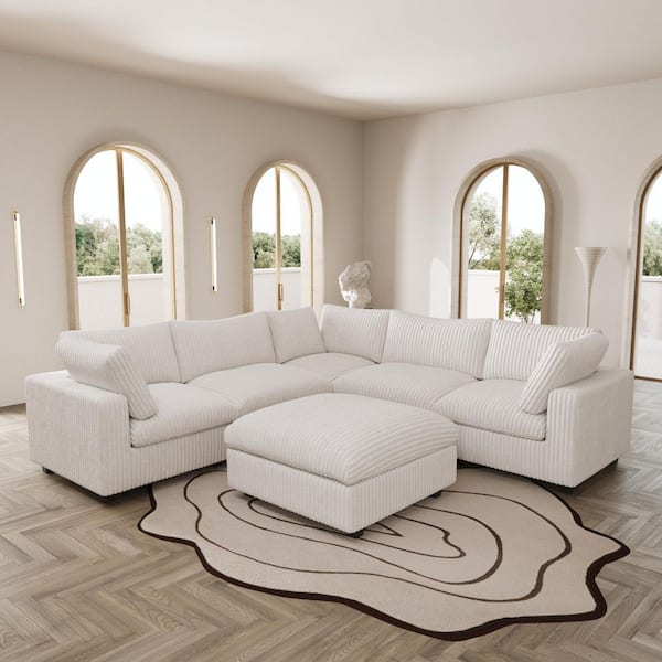 118 in. Rabbit Plush Fabric Square Arm 6-Piece Modular Free Combination Sectional Sofa in. White