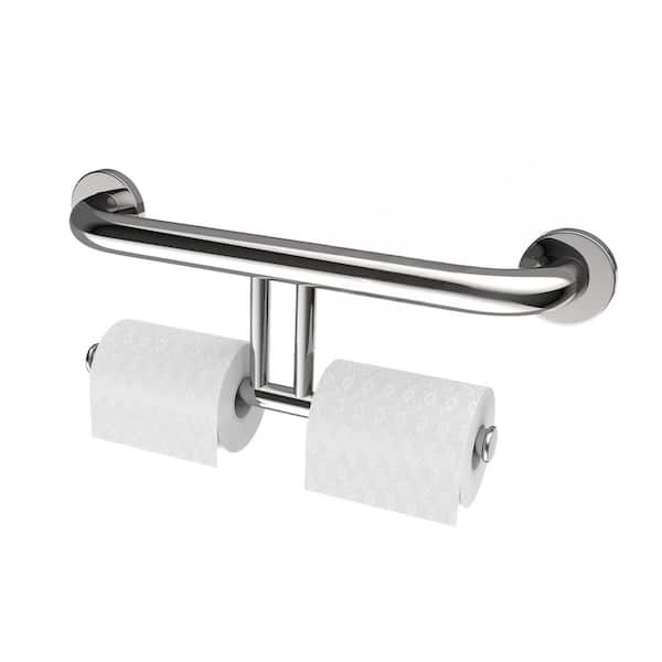 17 Inch x 1.25 Inch Concealed Screw Safety Handrail with Double Toilet Paper Holder in Polished Chrome Finish