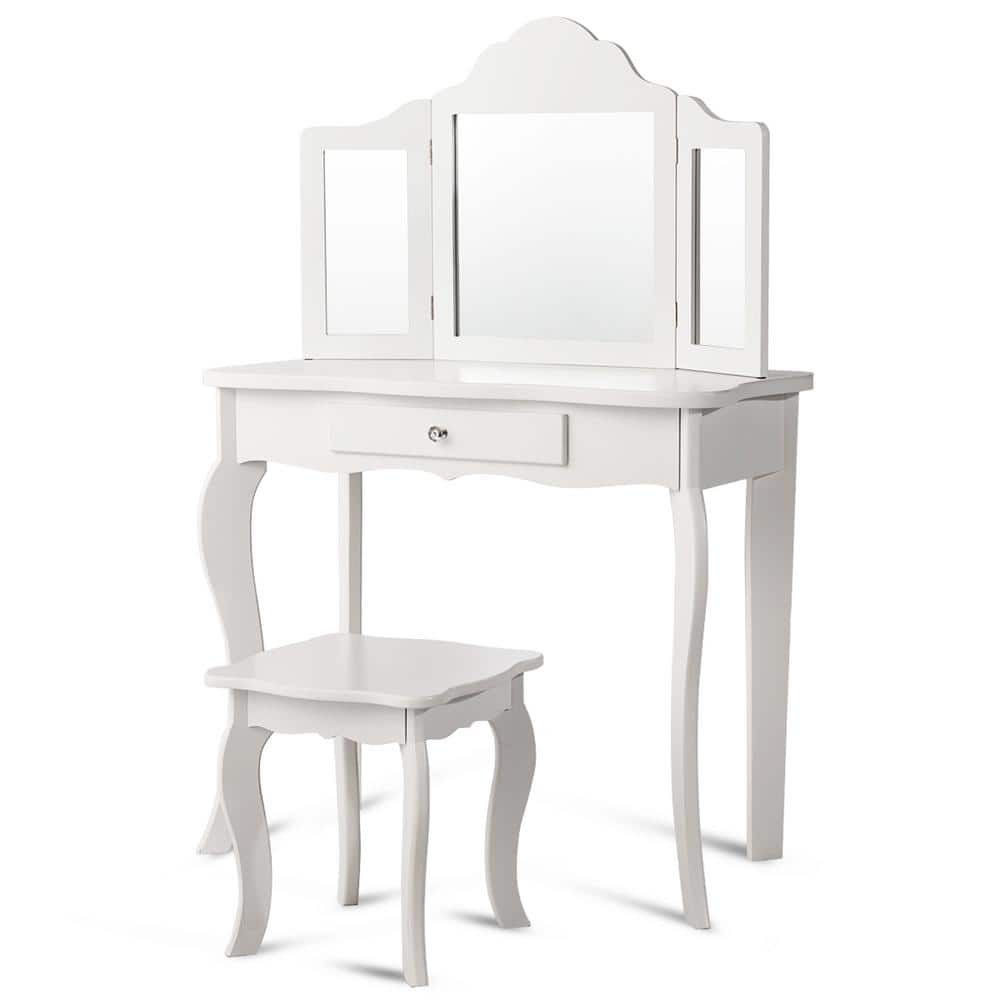 Costway White Wood Vanity Table Set Bedroom Makeup Dressing ...