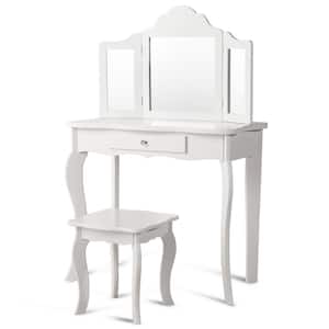 White Wood Vanity Table Set Bedroom Makeup Dressing Table Stool with Mirror