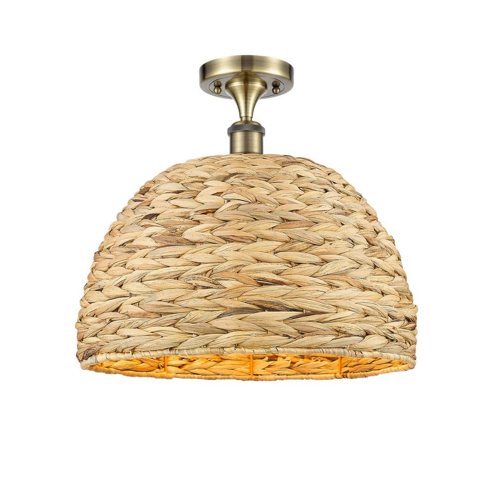 Woven Rattan 15.75 in. 1-Light Antique Brass Farmhouse Semi-Flush Mount with Shade price history on PriceWatchPro
