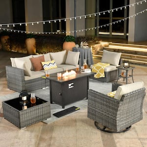 Sanibel Gray 8-Piece Wicker Outdoor Patio Conversation Sofa Sectional Set with a Metal Fire Pit and Beige Cushions