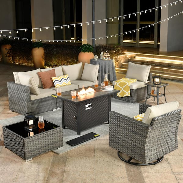 Toject Sanibel Gray 8-Piece Wicker Outdoor Patio Conversation Sofa Sectional Set with a Metal Fire Pit and Beige Cushions