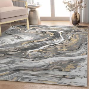 Gray Gold 5 ft. 3 in. x 7 ft. 3 in. Abstract Dunes Retro Marble Flat-Weave Area Rug