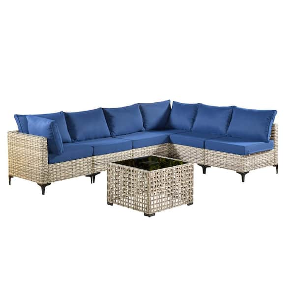 Holston 7-Piece Wicker Modern Outdoor Patio Conversation Sofa Sectional Set with a LED Table and Navy-Blue Cushions