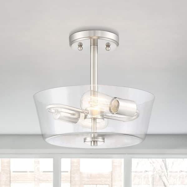 Designers Fountain Westin 12 in. 2-Light Satin Platinum Industrial Entryway Semi-Flush Mount with Clear Glass Shade