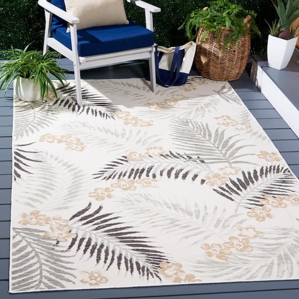 Sunrise Ivory/Gray Black 7 ft. x 7 ft. Oversized Tropical Reversible Indoor/Outdoor Square Area Rug