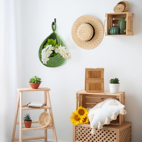 3-Piece Hanging Wall Fruit Basket, Teardrop Hanging Basket, Bohemian Storage, Wall Basket in Sage Green