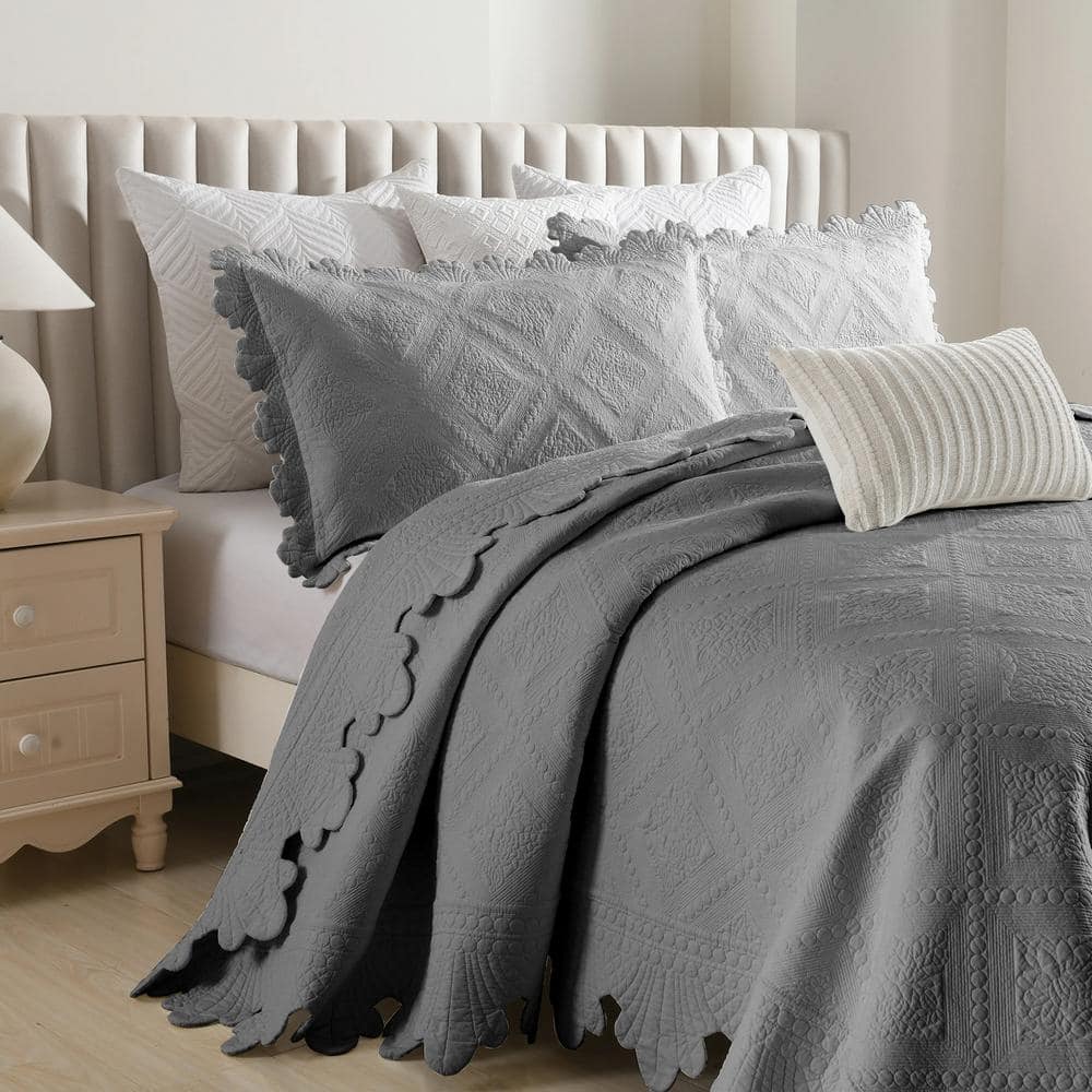 Light Grey Cotton King Reversible Quilt Set