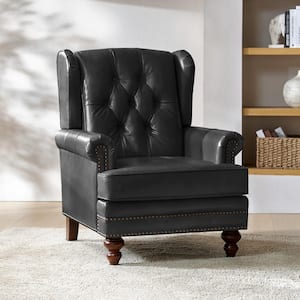 Alberto Black 34 in. W Traditional Oil Wax Genuine Leather Accent Chair with Soild Wood Legs