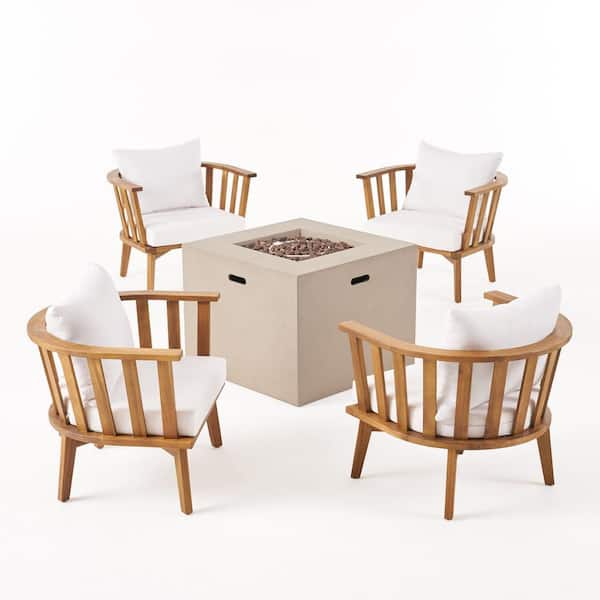 Ridgeview Teak Brown 5-Piece Wood Outdoor Patio Fire Pit Set with White Cushions