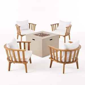 Ridgeview Teak Brown 5-Piece Wood Patio Fire Pit Set with White Cushions