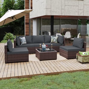 6-Piece Outdoor Wicker Patio Conversation Sofa Set with Cushions in Dark Grey