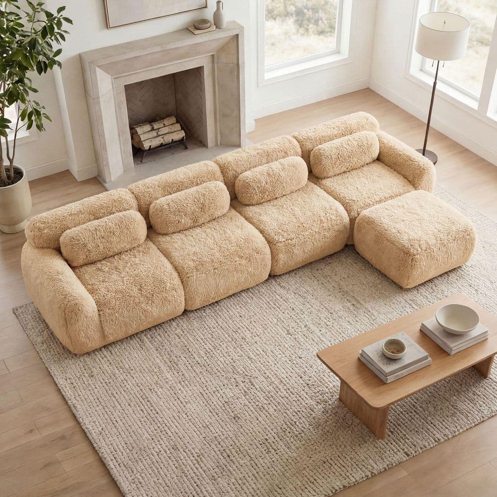 149 in. Track Arm 5-Piece Polyester Modular Sectional Sofa with Armrests in Light Khaki