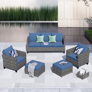 Victoria Gray 5-Piece Wicker Outdoor Patio Conversation Seating Sofa Set with Denim Blue Cushions