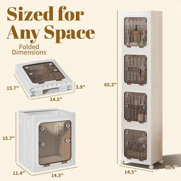 4-Tier Stackable Storage Cabinet Set with Clear Doors and Wheels, 65.3 in. Foldable Bathroom Organizer Tower, White