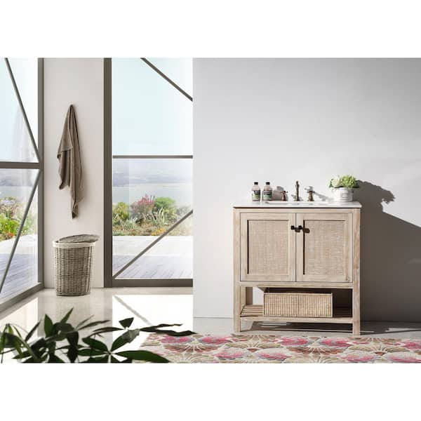 Unbranded 36 in. White wash Vanity with White Marble Top with White Basin