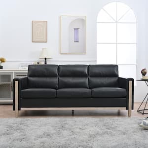 79.53 in. Wide Straight Arm Faux Leather Rectangle Modern Sofa in. Black with Side Pocket