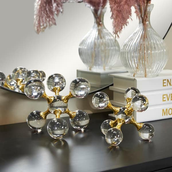 Litton Lane Clear Crystal Orb Inspired Jack Sculpture with Gold Metal Accents (Set of 2)