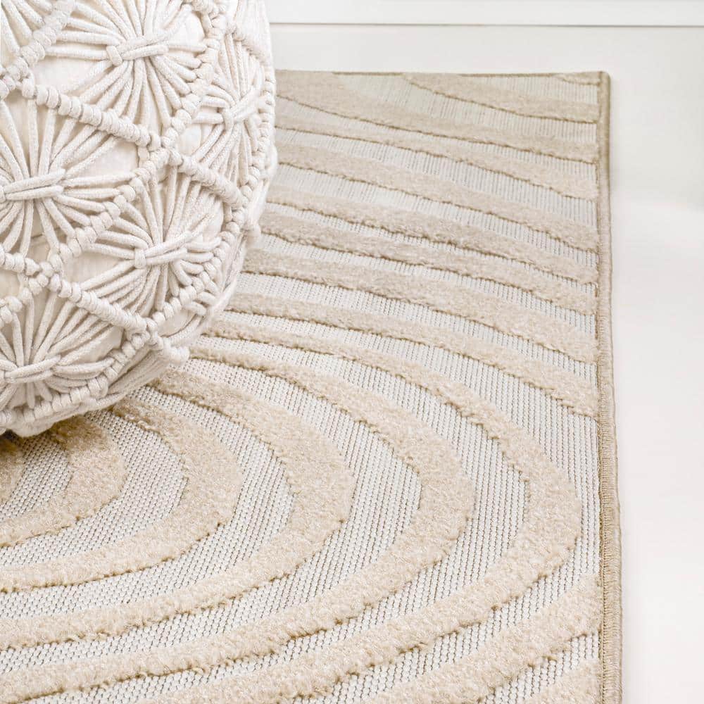 Beige and Cream High-Low Striped 3x5 Synthetic Area Rug