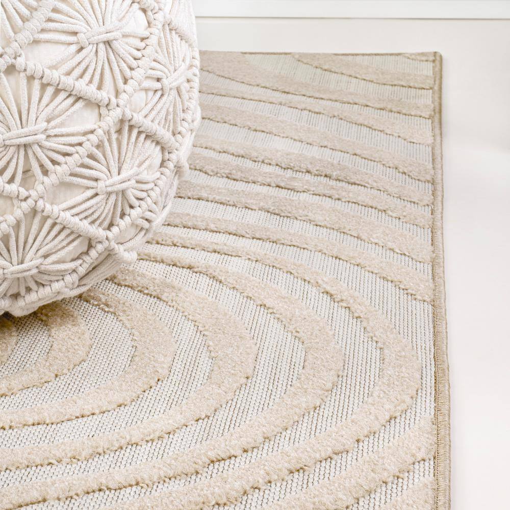 Beige and Cream High-Low Striped Rectangular Rug