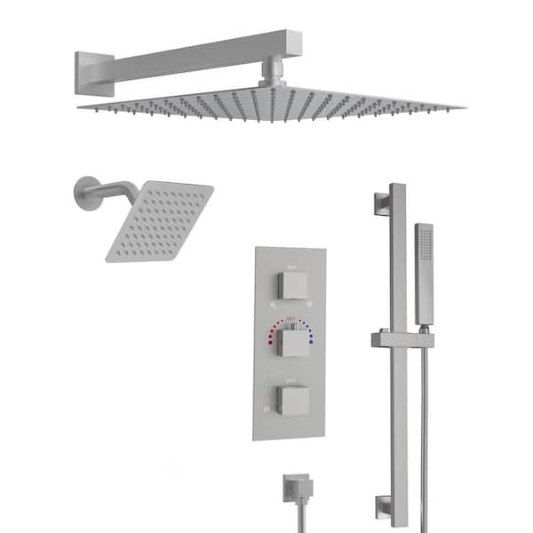YAWWALK Thermostatic 5-Spray 12 in. and 6 in. Wall Mount Shower System with Slider Bar in Brushed Nickel(Valve Included)