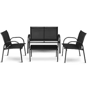 Black 4-Piece Metal Outdoor Patio Conversation Set with Loveseat and Coffee Table