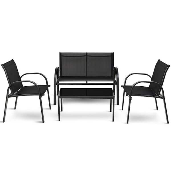 Costway Black 4-Piece Metal Outdoor Patio Conversation Set with Loveseat and Coffee Table