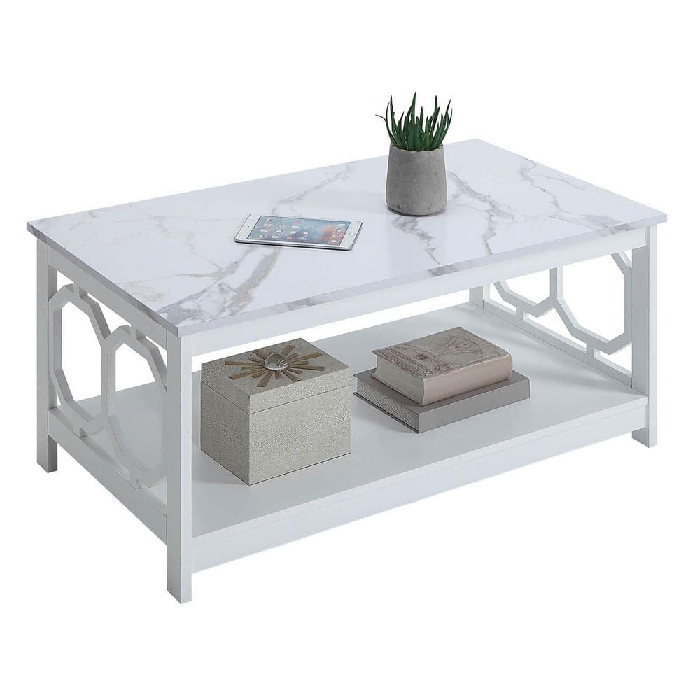 White Faux Marble and Wood Rectangular Coffee Table with Shelf