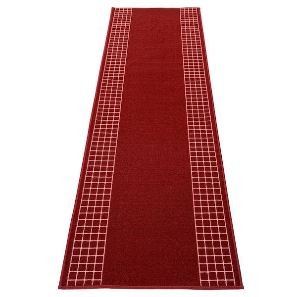 Checkered Border Red 31 in. W x 22 ft. L Runner Rug/Stair Runner 57.2 sq. ft.