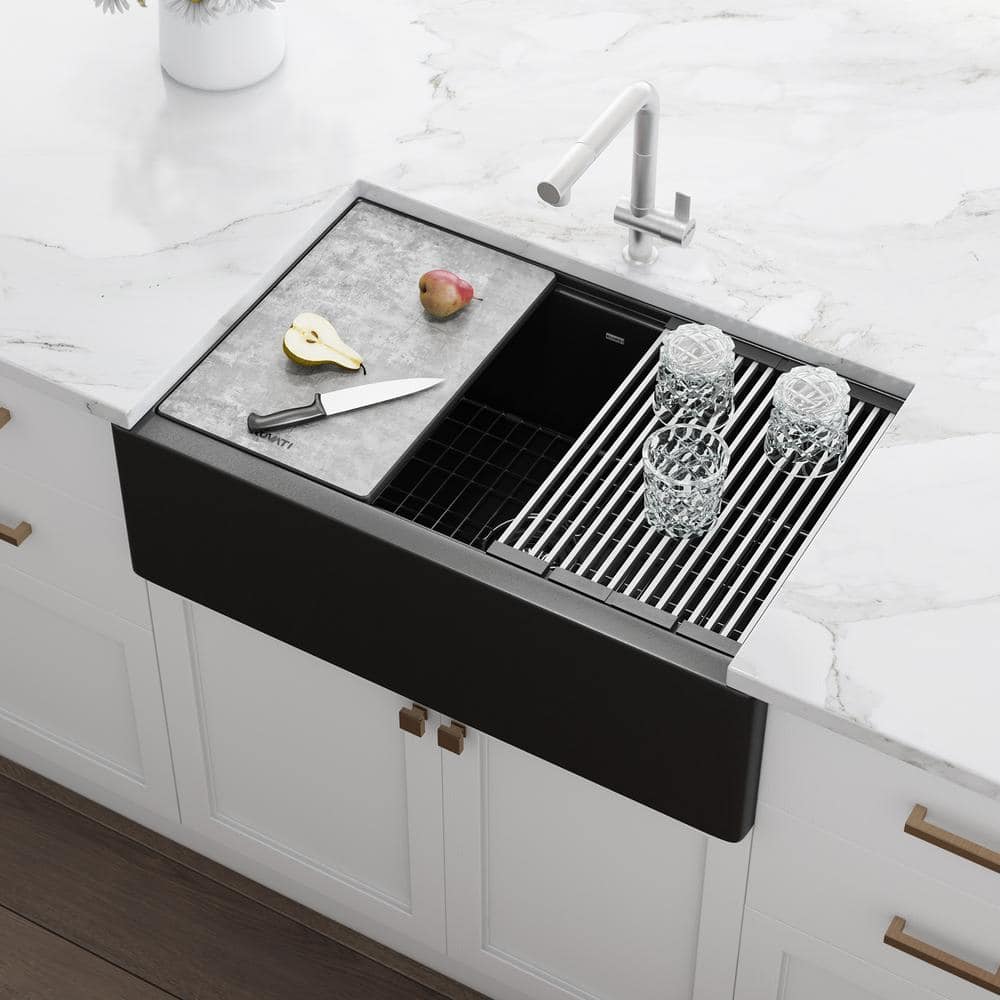Midnight Black Granite Farmhouse Workstation Sink with Accessories