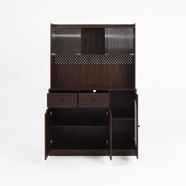Sudzendf Brown Wood Pantry Organizer, Large Capacity Display Cabinet with Reeded Glass Doors and Microwave Stand, Bakers Racks