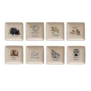 5 in. Beige Stoneware Square Platters with Animal and Text Prints (Set of 8)