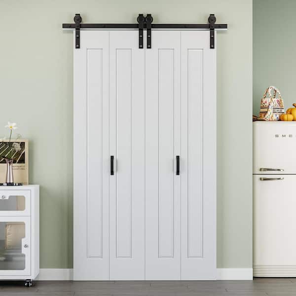 48 in. x 84 in. (4-Slab) Easy Install 1-Panel White Primed MDF Bi-Fold Sliding Barn Door with Hardware Kit and Handle