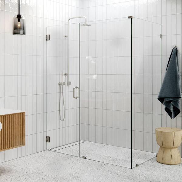 60 in. W x 36 in. D x 78 in. H Pivot Frameless Corner Shower Enclosure in Brushed Nickel Finish with Clear Glass