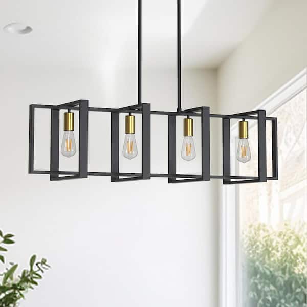 YANSUN 4-Light Black Industrial Rectangle Linear Island Chandelier