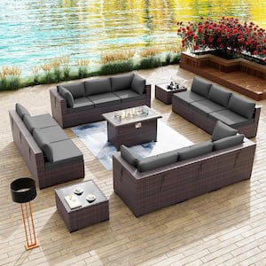 15-Piece Wicker Patio Conversation Set with 55000 BTU Gas Fire Pit Table and Glass Coffee Table and Grey Cushions