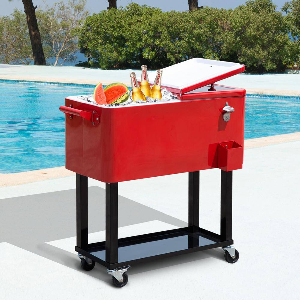 Ruby Red Metal Rolling Outdoor Cooler with Wheels