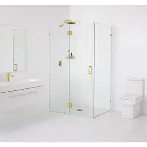 46 in. W x 34.5 in. D x 78 in. H Pivot Frameless Corner Shower Enclosure in Satin Brass Finish with Clear Glass