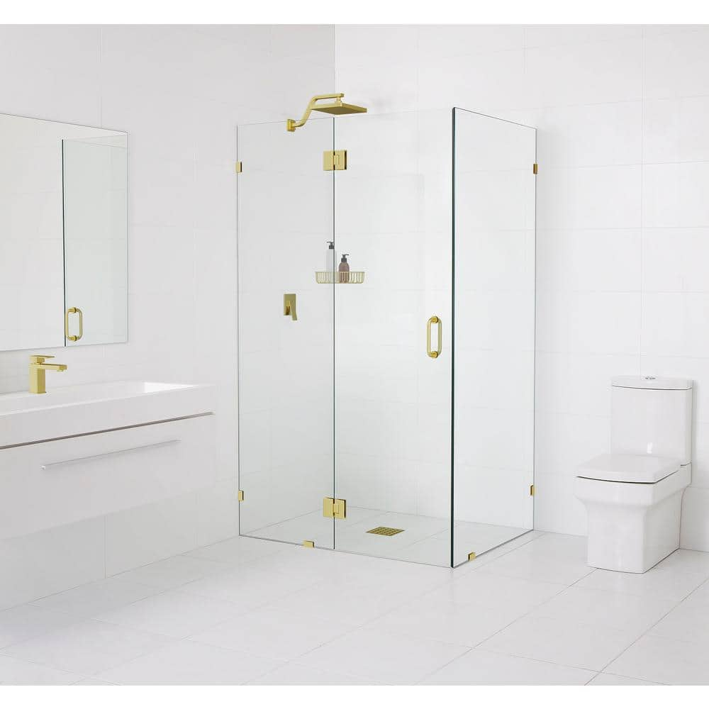 Glass Warehouse 46.5 in. W x 34.5 in. D x 78 in. H Pivot Frameless Corner Shower Enclosure in Satin Brass Finish with Clear Glass