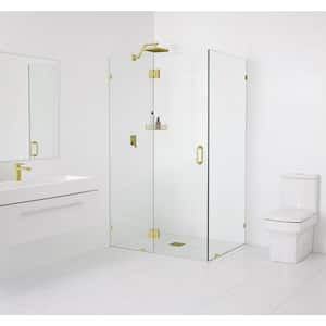 47 in. W x 34.5 in. D x 78 in. H Pivot Frameless Corner Shower Enclosure in Satin Brass Finish with Clear Glass