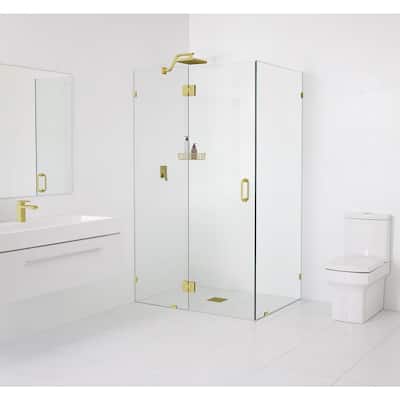 90° Glass-Hinged 35 in. x 78 in.x 35 in. Frameless Pivot Shower Door in Matte Satin Brass
