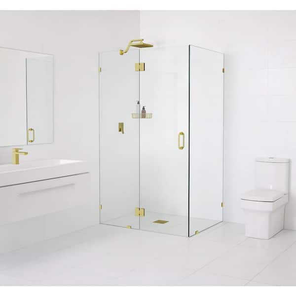 Glass Warehouse 45.5 in. W x 34.5 in. D x 78 in. H Pivot Frameless Corner Shower Enclosure in Satin Brass Finish with Clear Glass