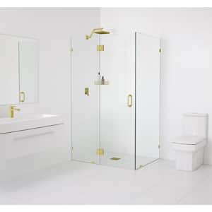 47 in. W x 35.5 in. D x 78 in. H Pivot Frameless Corner Shower Enclosure in Satin Brass Finish with Clear Glass