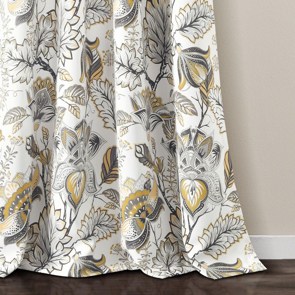 Cynthia Jacobean Yellow and Gray Floral Polyester Blackout Curtains